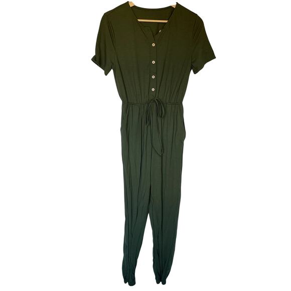 other Pants - olive green button front drawstring waist jumpsuit pockets women's size small